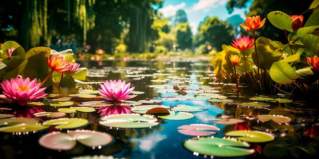 tranquil lakeside with water lilies floating on the surface surrounded by lush foliage Generative AI