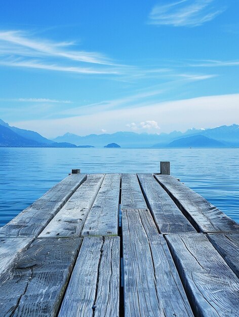 Tranquil Lakeside Wooden Pier with Mountain Views and Clear Blue Sky