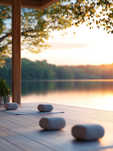 Photo tranquil lakeside yoga retreat at sunrise with meditation cushions