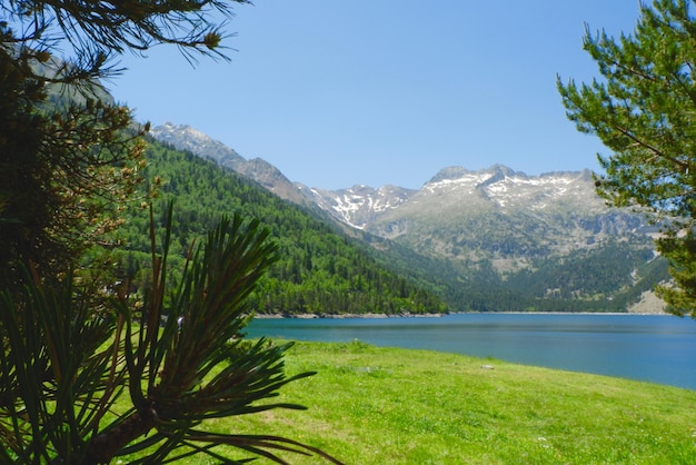 Tranquil landscape of Lake of Oredon in Pyrenean mountain range at summertime