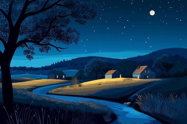 A tranquil landscape of a moonlit night with a river winding through a valley illuminated by the lights of houses scattered across the rolling hills