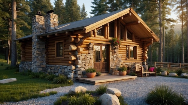 Tranquil log cabin in serene forest setting