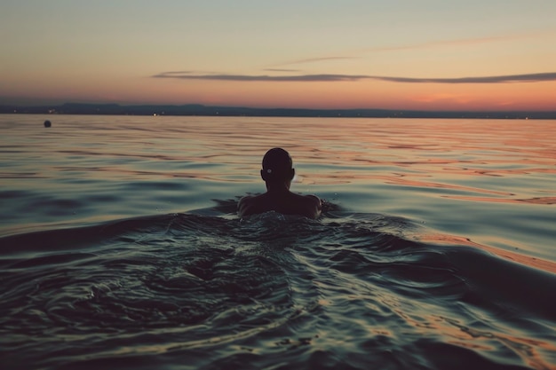 Photo tranquil long distance swim at sunset in open water ai