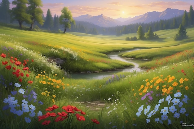 Tranquil Meadow Digital Painting of Blooming Pappy Flowers