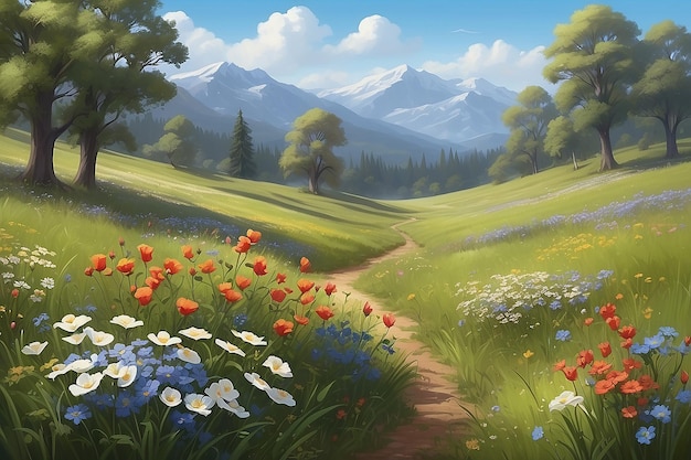 Tranquil Meadow Digital Painting of Blooming Pappy Flowers