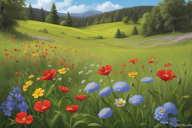 Tranquil Meadow Digital Painting of Blooming Pappy Flowers