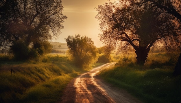 Tranquil meadow sunlit tree autumn golden beauty generated by AI