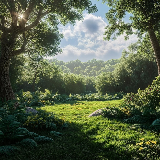 Photo a tranquil meadow surrounded by lush greenery