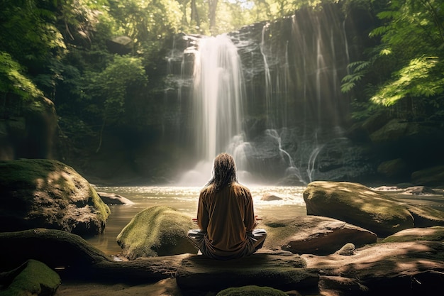 Tranquil meditation at majestic waterfall with spiritual perception on sunny day