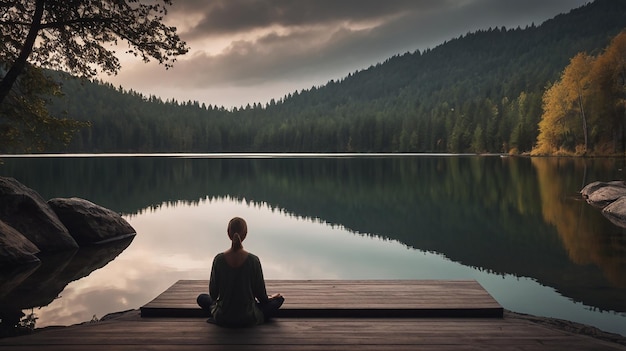 Photo tranquil meditation space with view of serene landscape peaceful setting realistic illustration