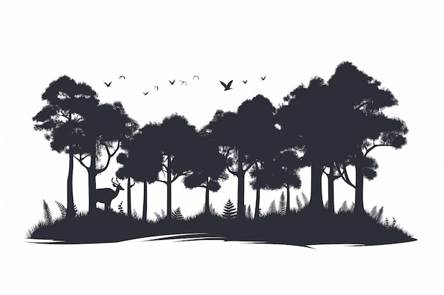 Photo tranquil minimalist forest silhouette illustration in black and white depicting a serene and secluded nature landscape with trees deer birds and wildlife