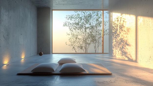 Photo tranquil minimalist meditation space with soft lighting and serene atmosphere for inner peace