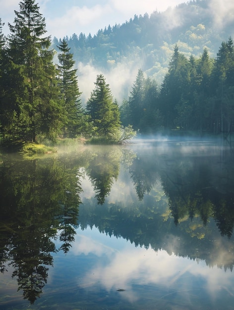 Tranquil Misty Lake Surrounded by Lush Green Forests