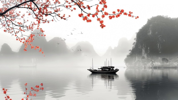 Tranquil Misty Lake with Blossoms