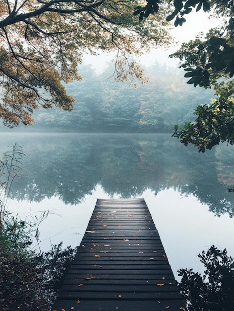 Photo tranquil misty lake with wooden dock and autumn foliage