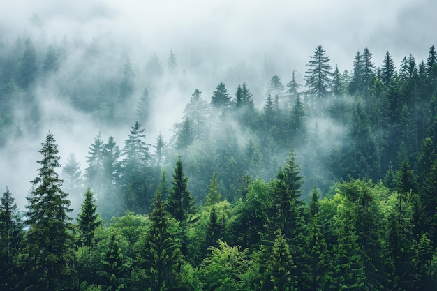 Tranquil Misty Pine Forest Landscape with Enigmatic Fog Effect