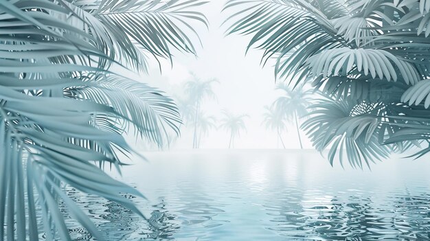 Photo tranquil misty tropical scenery with palm trees and reflective water creating a serene and peaceful atmosphere