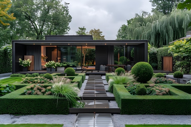 Tranquil Modern Garden with Geometric Topiary Hedges and Wooden House in Leuven City