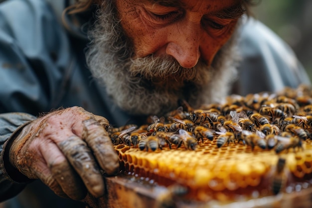 Photo a tranquil moment in beekeeping a beekeeper inspecting a frame filled with golden honey