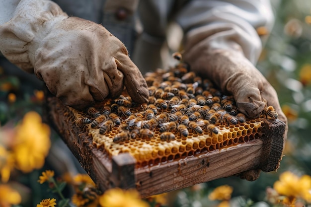 Photo a tranquil moment in beekeeping a beekeeper inspecting a frame filled with golden