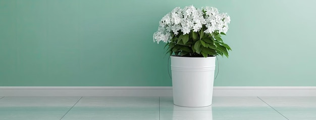 A tranquil moment captured in a light blue room with a white bucket resting on the floor evoking a feeling of renewal and creativity