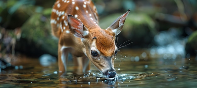 Photo tranquil moment deer drinking from crystalclear forest stream