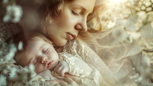 Photo tranquil moment between mother and baby in soft light tender scene showcasing love and care ai generated image for use in family parenting and lifestyle projects light and airy style ai