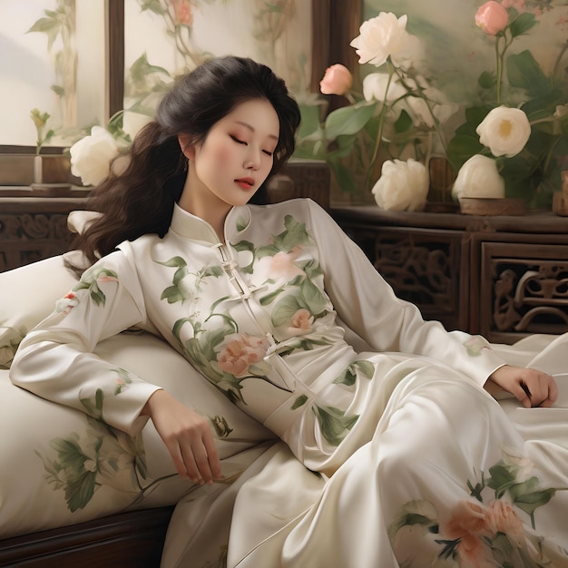 a tranquil moment of a woman resting on a bed