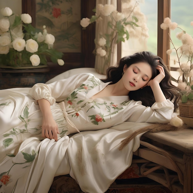 a tranquil moment of a woman resting on a bed