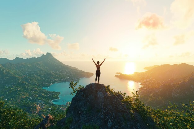 Photo a tranquil moment of yoga at sunrise on a mountaintop capturing the essence of inner peace and natural beauty with a panoramic view of the valley below