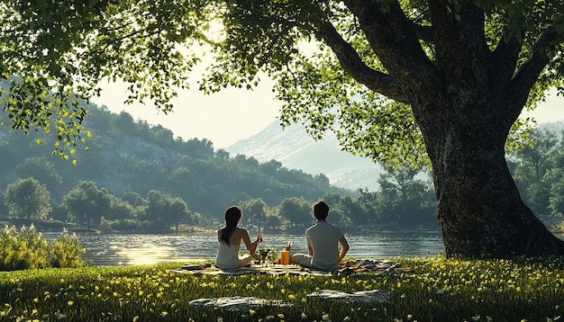 Photo tranquil moments lakeside picnic at sunset