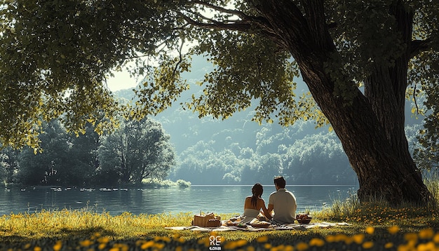 Tranquil Moments Lakeside Picnic at Sunset