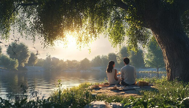 Tranquil Moments Lakeside Picnic at Sunset