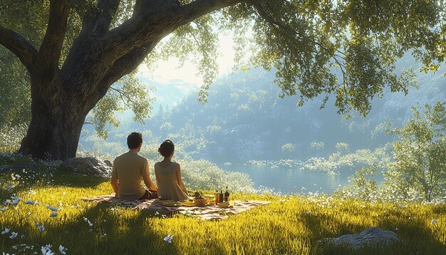 Tranquil Moments Lakeside Picnic at Sunset