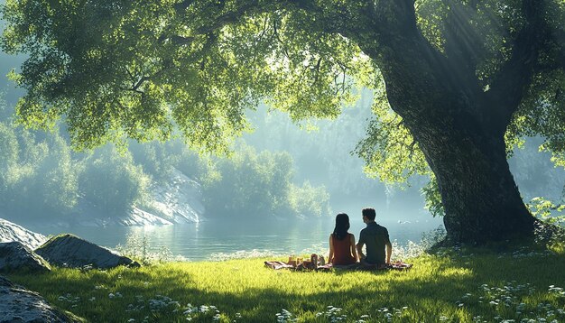 Tranquil Moments Lakeside Picnic at Sunset