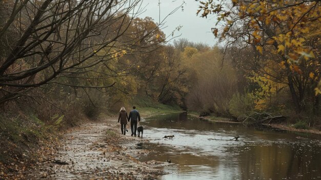 Photo tranquil moments walking along winters serene riverbanks