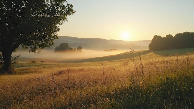 Tranquil Monday Morning Sunrise Mist Over Scenic Countryside Delights with Calm and Refreshing Views