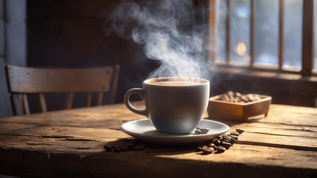 Tranquil Morning Comfort Steamy Mug of Coffee on Rustic Wooden Table