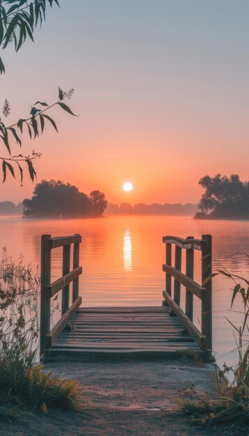 Photo tranquil morning fog on wooden bridge over calm lake surrounded by trees in serene setting