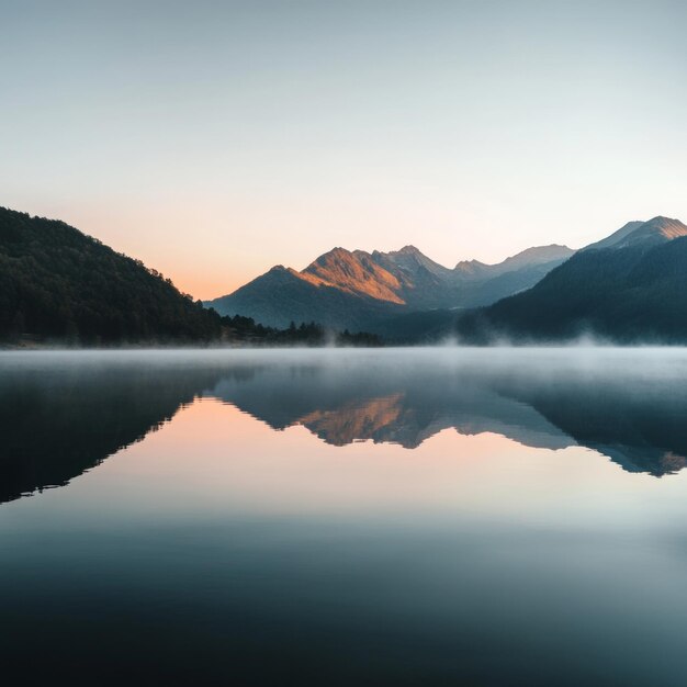 Photo tranquil morning mist over a still lake reflecting mountain peaks