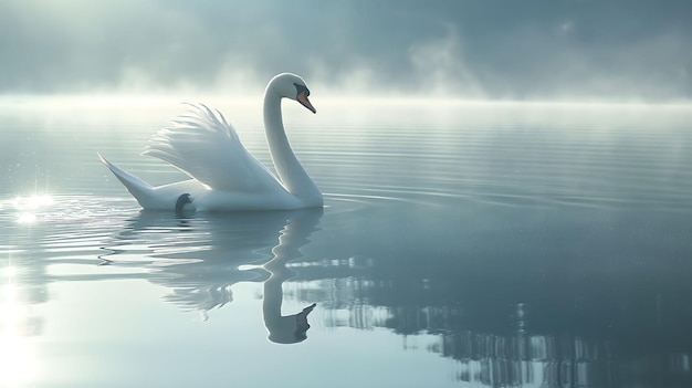 Tranquil Morning Scene with Elegant Swan on Serene Lake