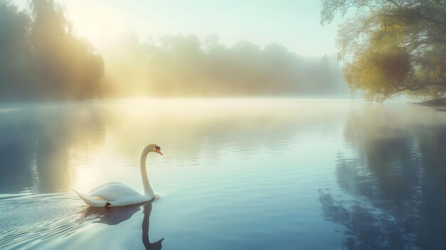 Tranquil Morning Scene with Elegant Swan on Serene Lake