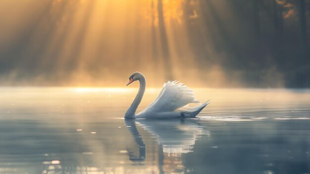 Tranquil Morning Scene with Elegant Swan on Serene Lake