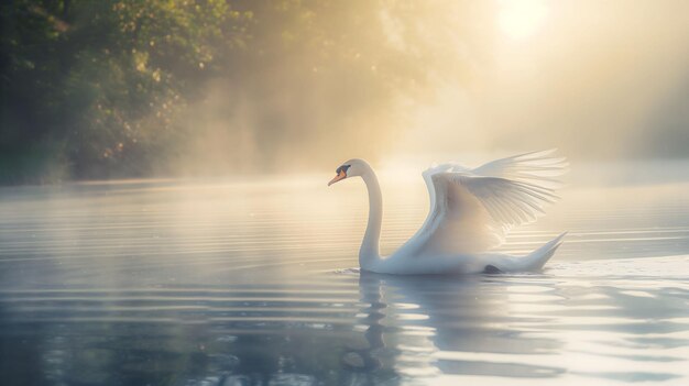 Tranquil Morning Scene with Elegant Swan on Serene Lake