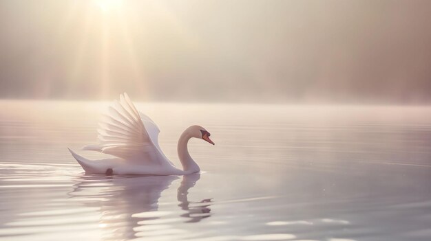 Photo tranquil morning scene with elegant swan on serene lake