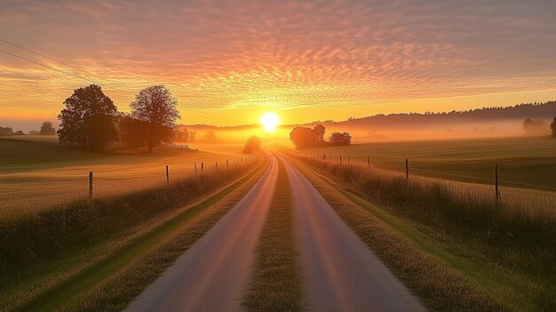 Photo tranquil morning sunrise over rural landscape with road