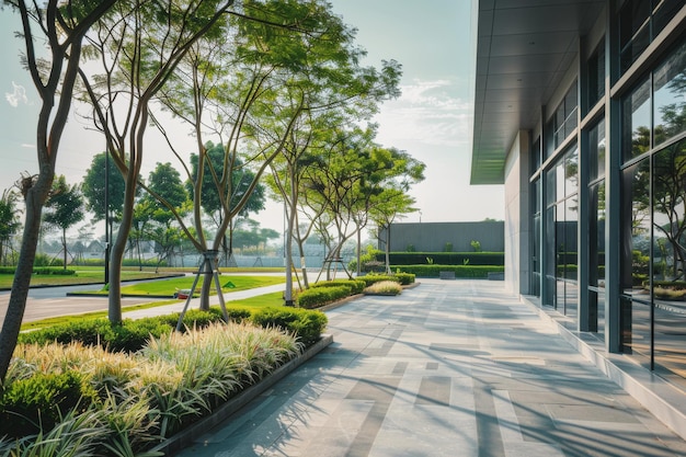 Photo a tranquil morning view of a modern buildings entrance surrounded by wellmaintained greenery and trees