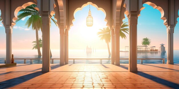 Tranquil mosque by the sea where worshippers find solace in prayer while overlooking the calming waters Generative AI