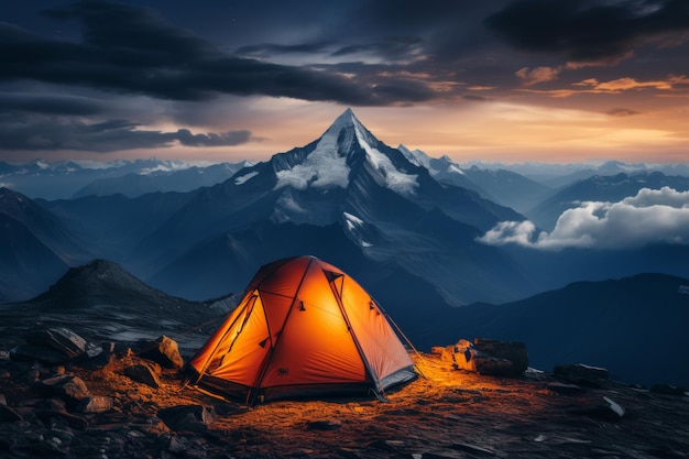 Tranquil mountain camping experience at the base of breathtaking snowcovered peaks