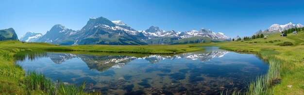 Tranquil Mountain Lake Reflecting SnowCapped Peaks in the Swiss Alps on a Sunny Day